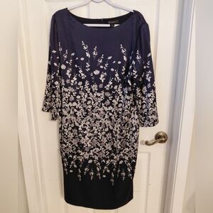 St. John Silk Floral Dress Navy Blue Sz 14 Luxury Cocktail Wedding Old Money